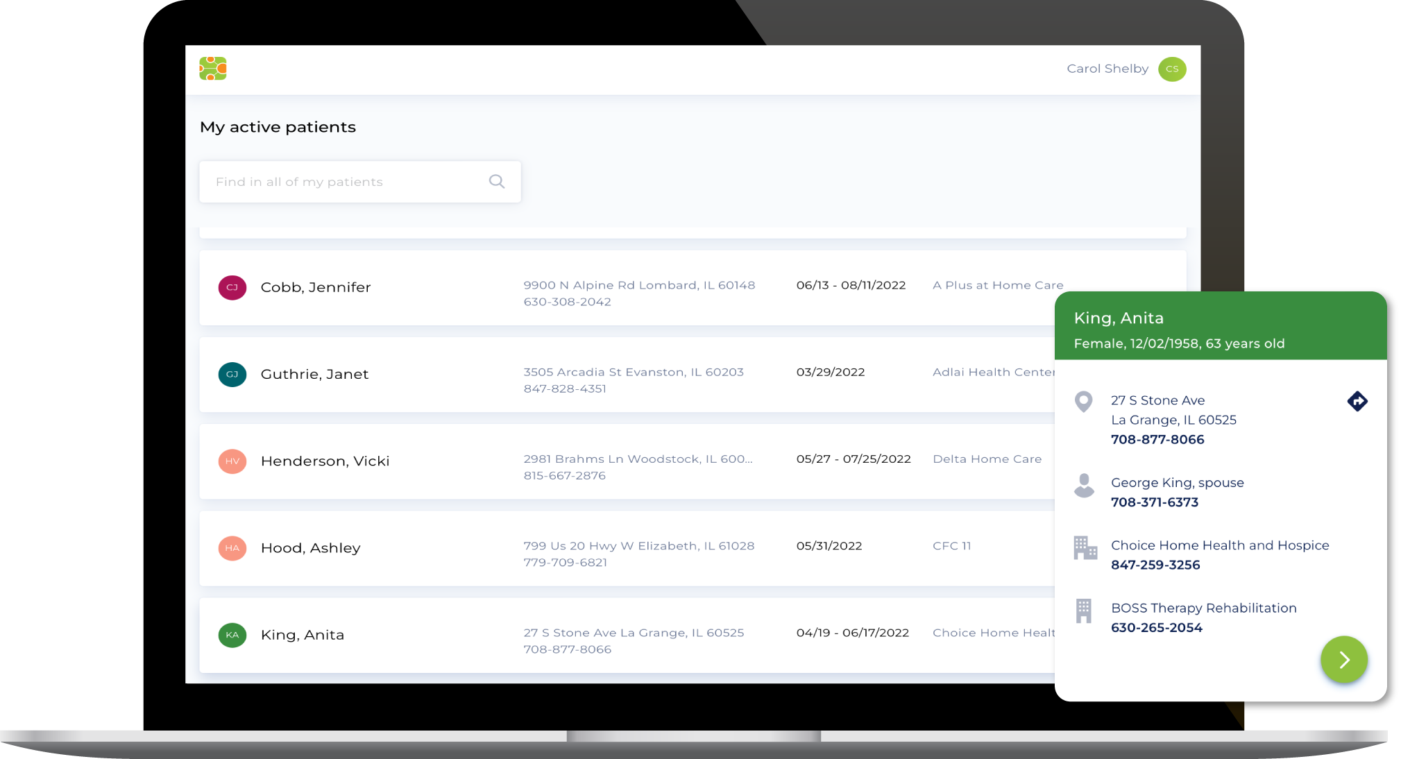Screenshot of therapyBOSS web app patients