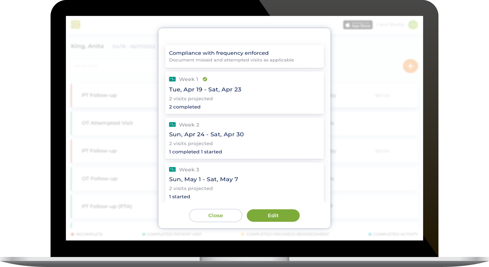 Screenshot of therapyBOSS web app frequency