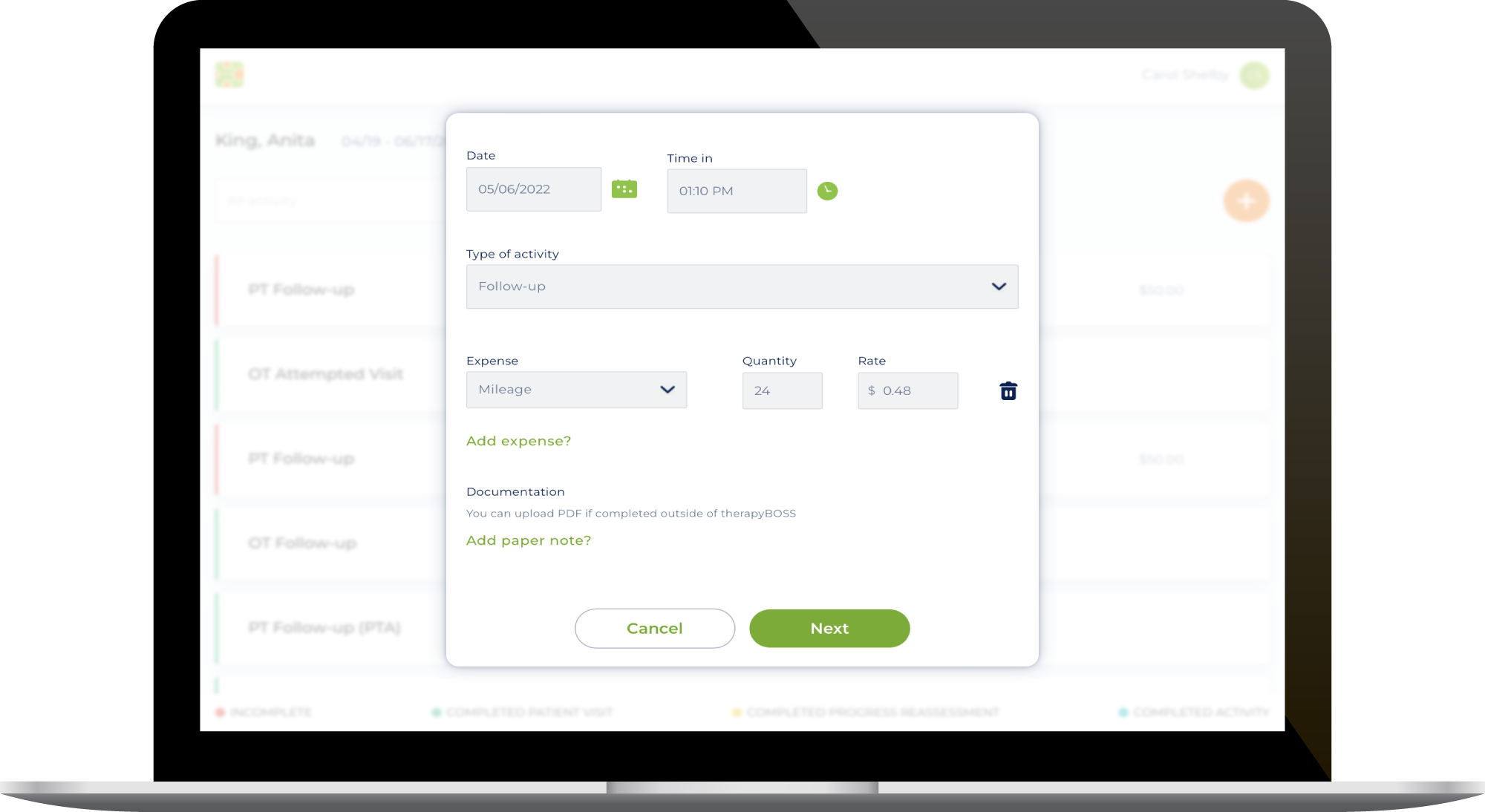 Screenshot of therapyBOSS web app add visit