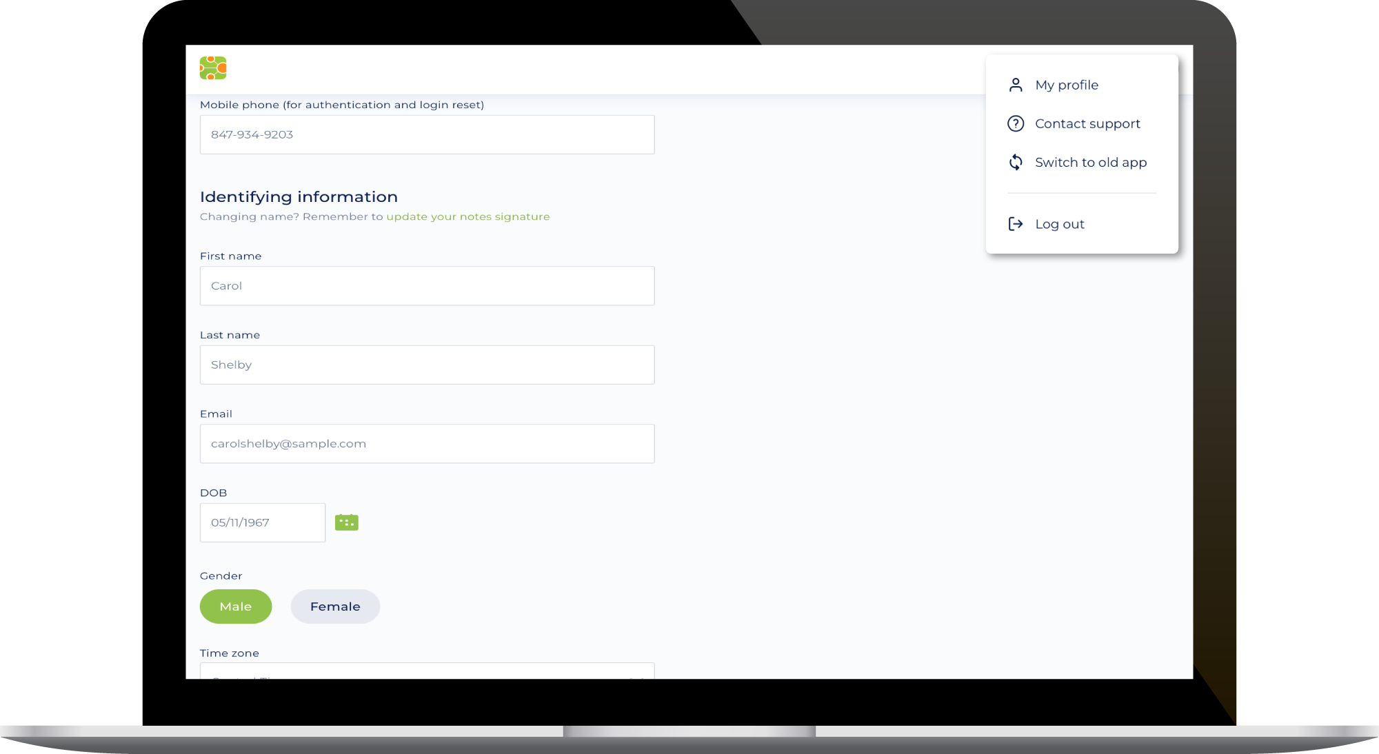 Screenshot of therapyBOSS web app personal profile